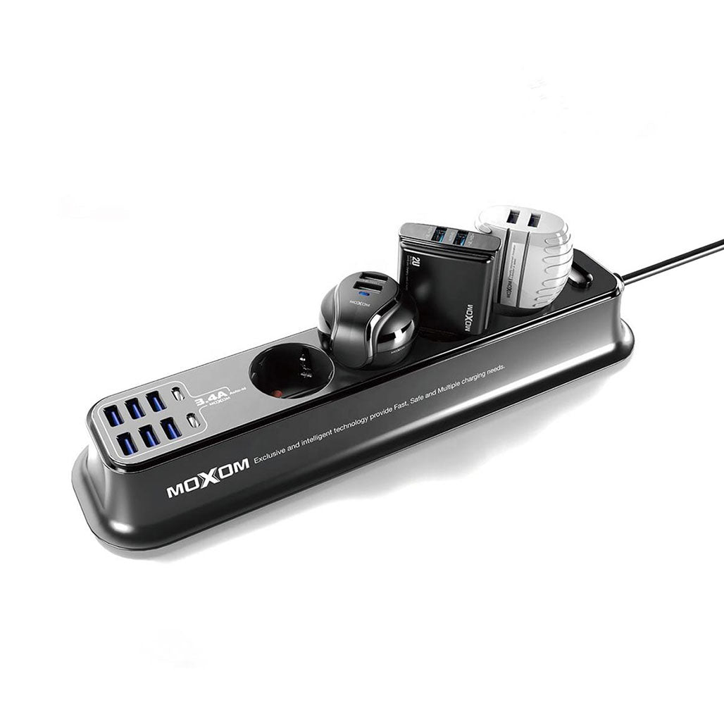 A Photo Of Moxom MX-ST05 Safety Power Strip | 4 Sockets & 8 USB Ports for Home and Travel