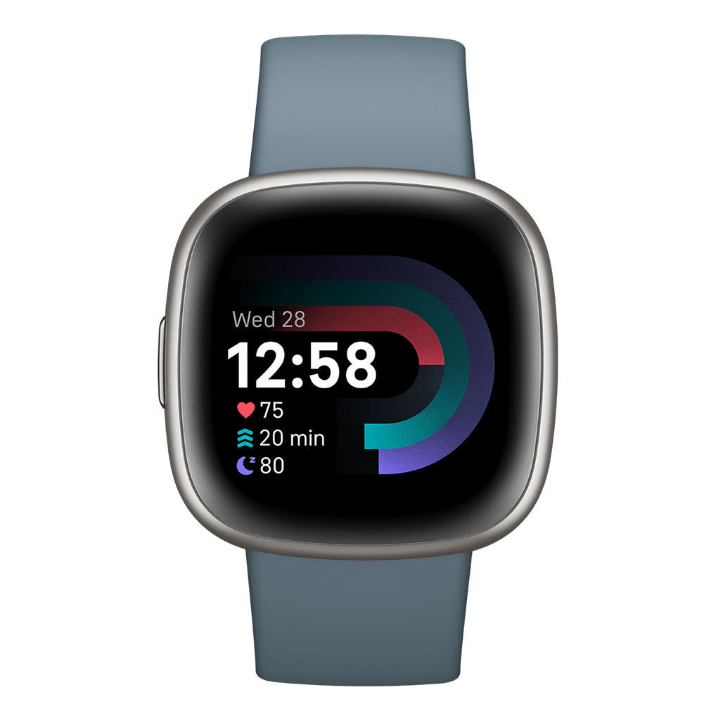 A Photo Of Fitbit Versa 4 Sports Pack - Waterfall Blue with Extra Black Band, Platinum Aluminum