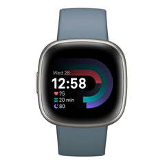 A Photo Of Fitbit Versa 4 Sports Pack - Waterfall Blue with Extra Black Band, Platinum Aluminum