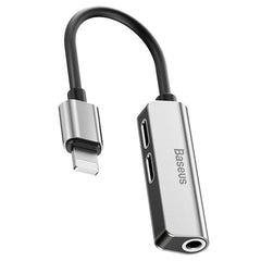 A Photo Of Baseus 3-in-1 iP Male to Dual iP - 3.5mm Female Adapter L52 Silver