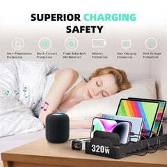 A Photo Of 320W Multi-Device Charging Station with 10 USB C Ports – Zobirez Fast Charger Dock for MacBook, iPhone, iPad, Android, Tablets – Organized Family Charging Solution, Black