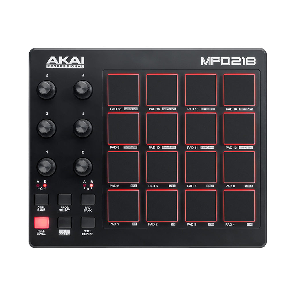 A Photo Of AKAI MPD218 - USB MIDI Pad Controller – 16 Backlit MPC Pads, DAW Integration, Software Suite Included