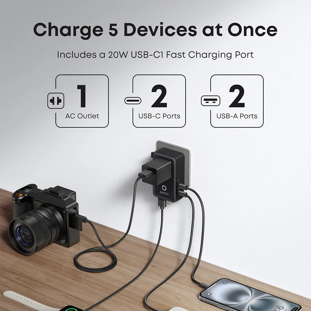 A Photo Of Anker Nano 5-in-1 Universal Travel Adapter – 20W USB-C Fast Charger, Compact Multi-Port Plug for US & EU Outlets