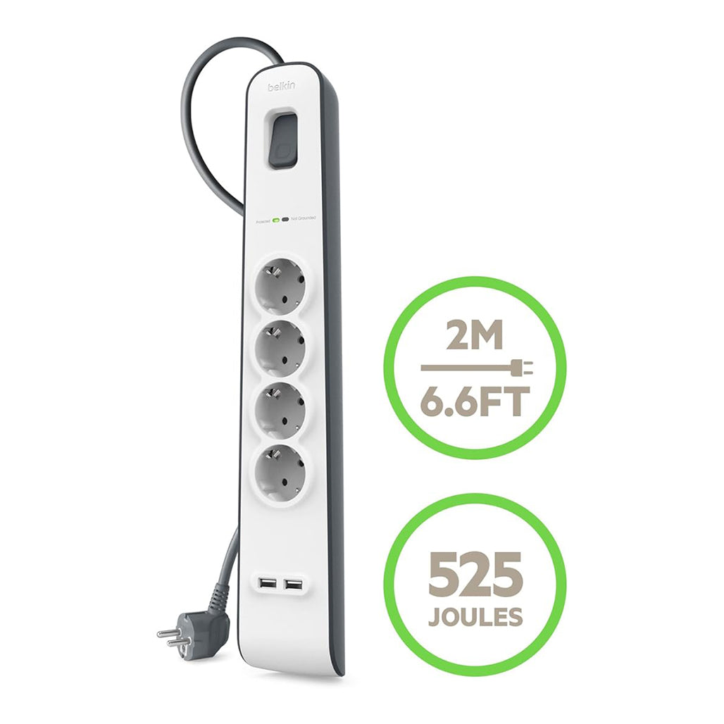 A Photo Of Belkin BSV401Vf2M 4-Outlet Surge Protector with 2.4A USB Charging Ports - Heavy Duty, 525 Joules, 2-Meter Cord