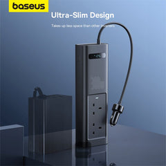 A Photo Of Baseus 300W Car Power Inverter with Smart Display, 5 Ports (1 USB-A, 2 USB-C, 2 AC Outlets), 12V DC to 200V-240V AC UK Plugs - Cluster Black, Ideal for Camping, Road Trips & Outdoor Use