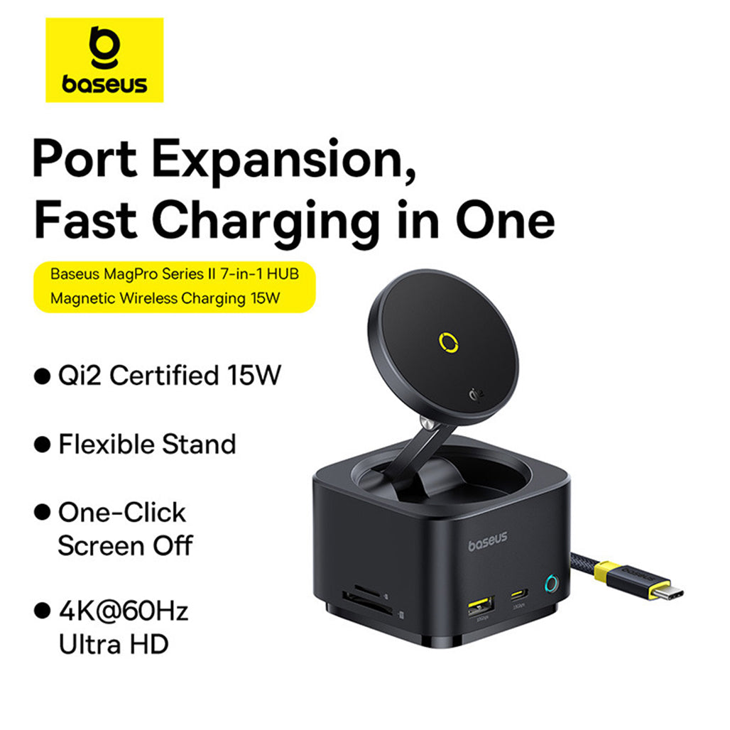 A Photo Of Baseus MagPro Series II 7-in-1 Hub – Magnetic Wireless Charging, 15W Qi2, 100W PD, 4K HDMI, Ultra-Fast 10Gbps Ports