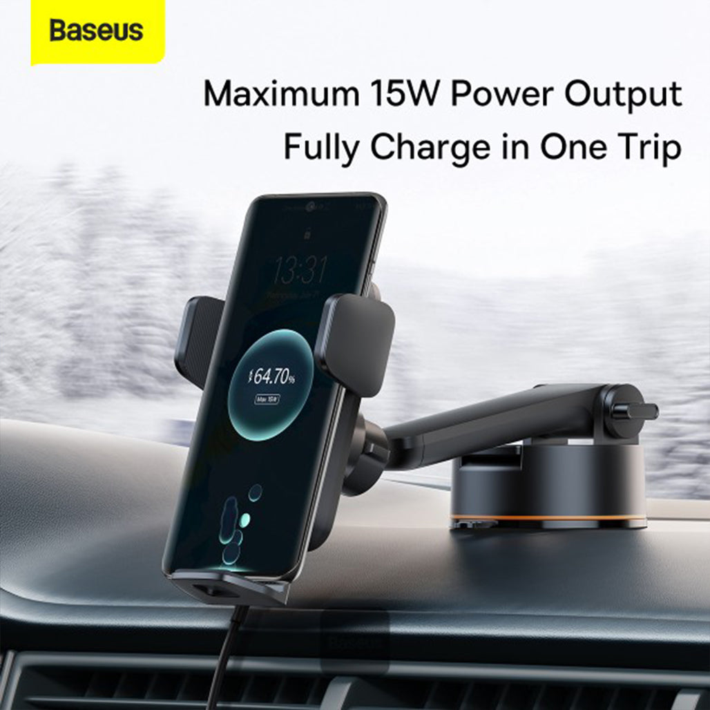 A Photo Of Baseus Qi 15W Wireless Car Charger and Phone Holder with Suction Cup – Fast Charging, Auto Alignment, and Universal Compatibility