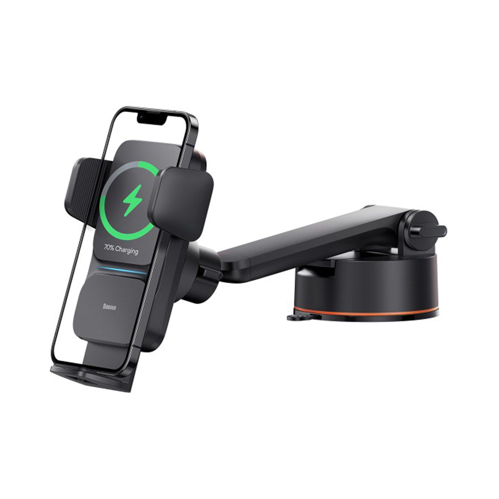 A Photo Of Baseus Qi 15W Wireless Car Charger and Phone Holder with Suction Cup – Fast Charging, Auto Alignment, and Universal Compatibility