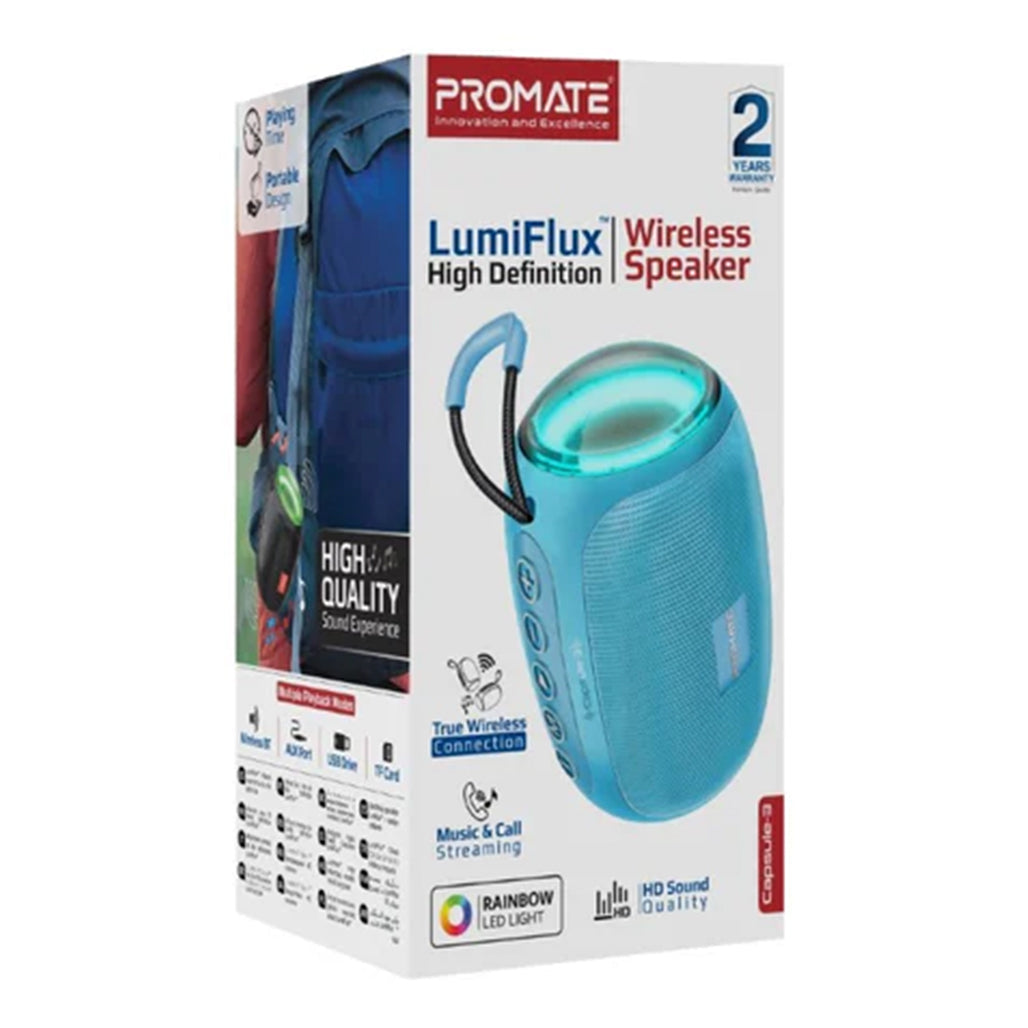 A Photo Of Promate Capsule-3 LumiFlux Wireless Speaker - Blue | 5W Bluetooth Speaker with RGB Lights