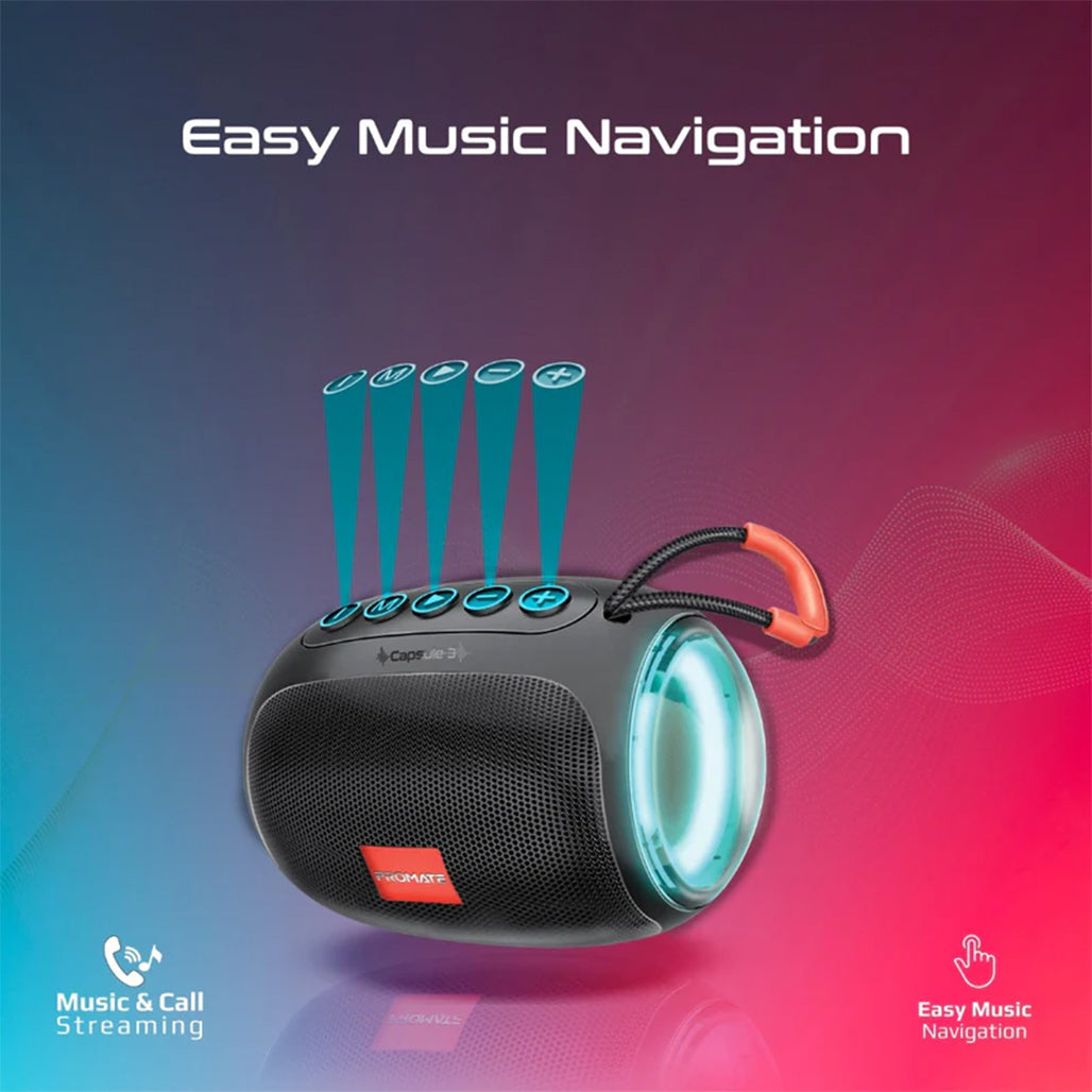 A Photo Of Promate Capsule-3 LumiFlux Wireless Speaker - Black | 5W Bluetooth Speaker with RGB Lights