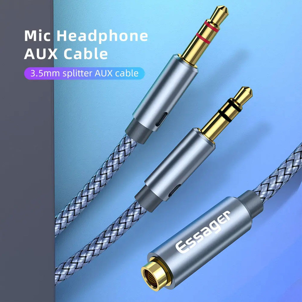 A Photo Of ESSAGER Splitter Audio Jack 3.5mm Female to Dual Male Headphone & Microphone Adapter – EYPS35-TLB0G