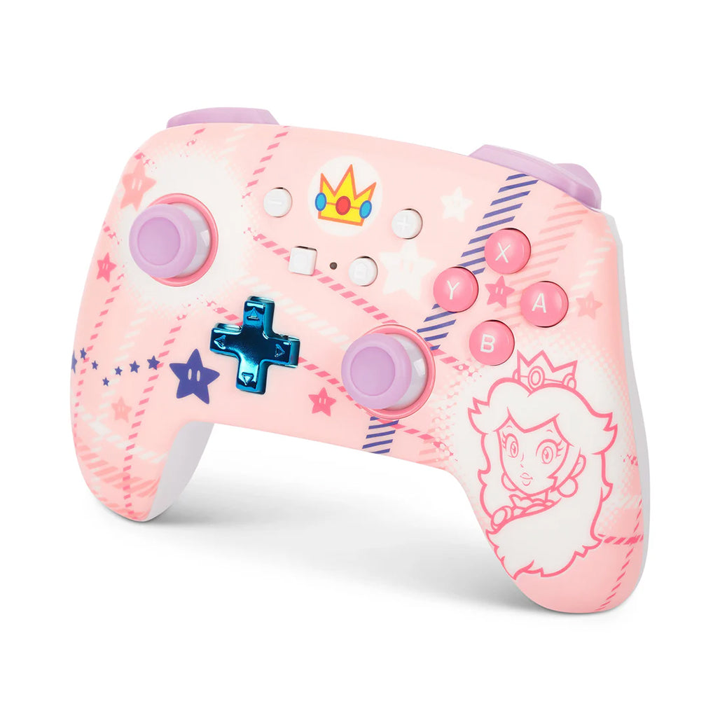 A Photo Of PowerA Princess Peach Plaid Enhanced Wireless Controller for Nintendo Switch – Bluetooth, Rechargeable, Mappable Buttons
