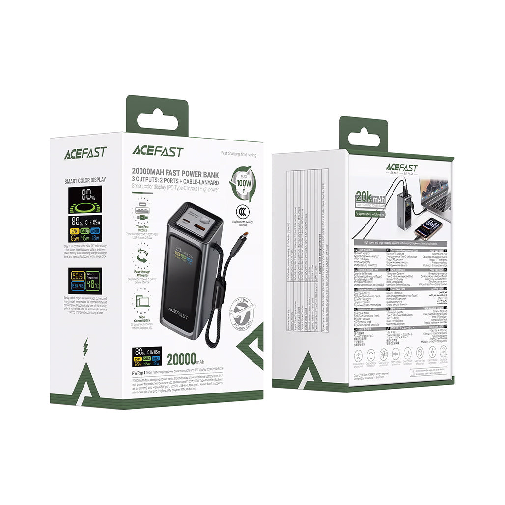 A Photo Of AceFast M33 20000mAh Power Bank PD100W Fast Charging with Built-In USB-C Cable