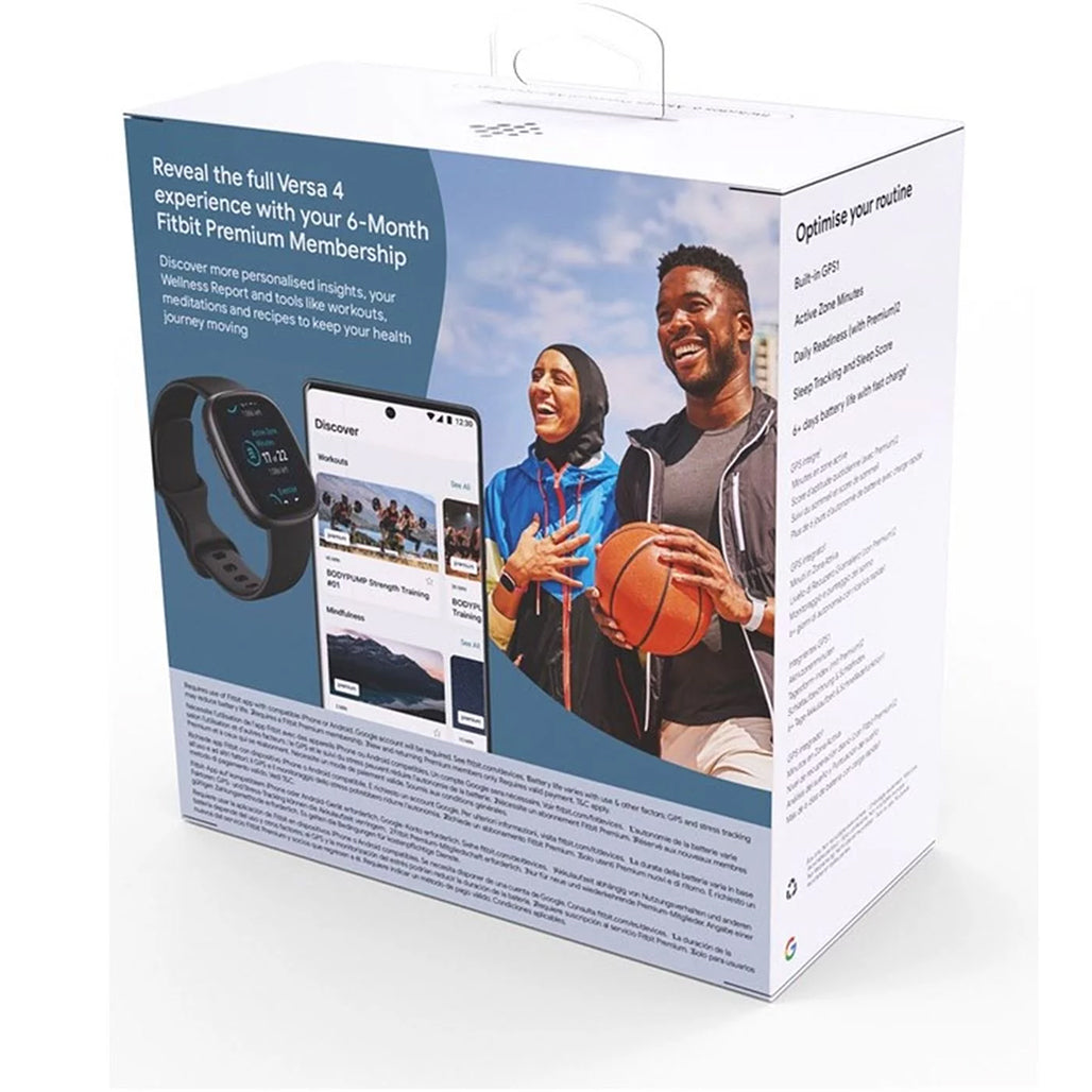 A Photo Of Fitbit Versa 4 Sports Pack - Waterfall Blue with Extra Black Band, Platinum Aluminum