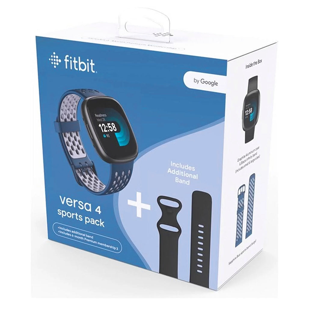 A Photo Of Fitbit Versa 4 Sports Pack - Waterfall Blue with Extra Black Band, Platinum Aluminum