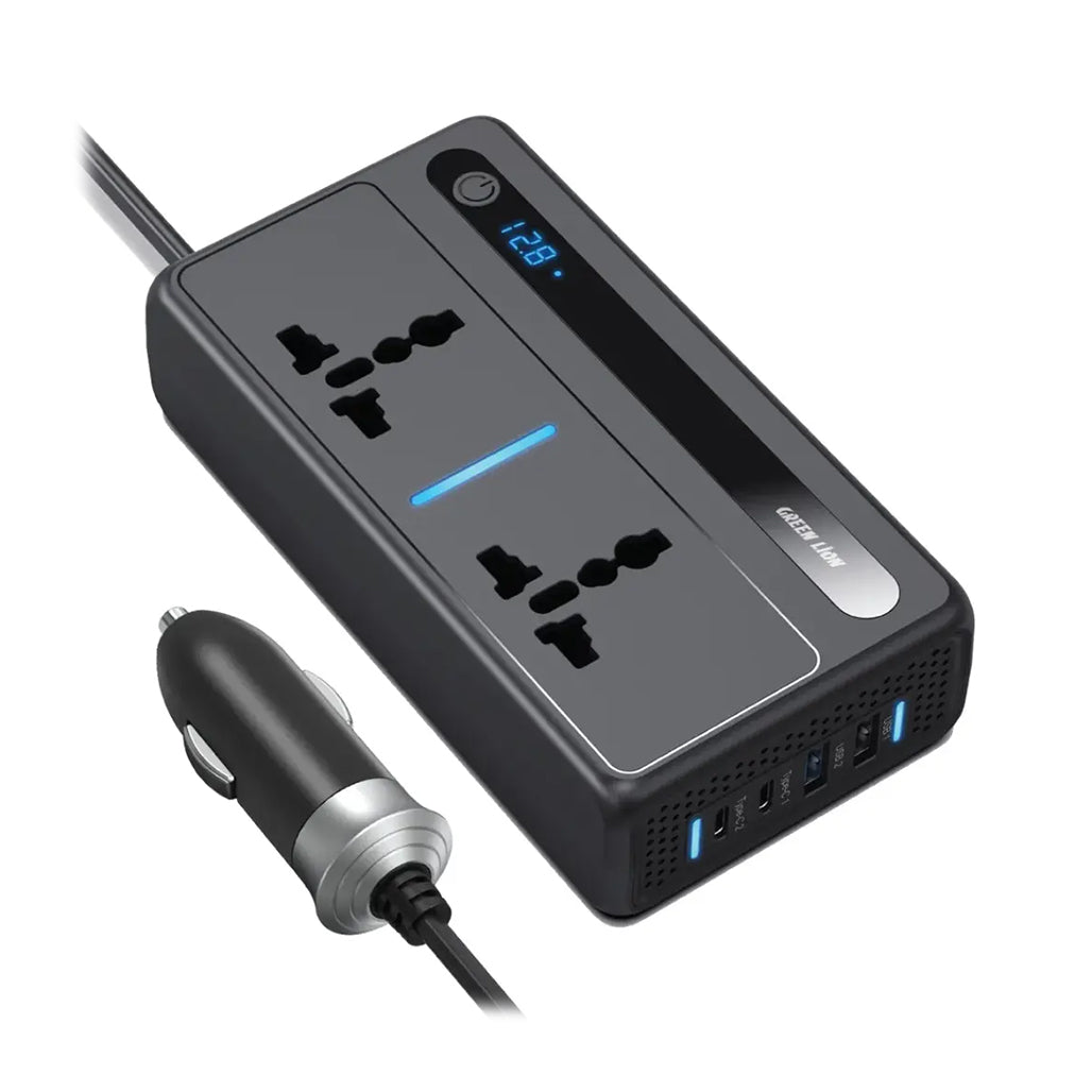 A Photo Of Green Lion GC-250 Car Inverter 200W - Black | 6-Port Power Device with Fast Charging