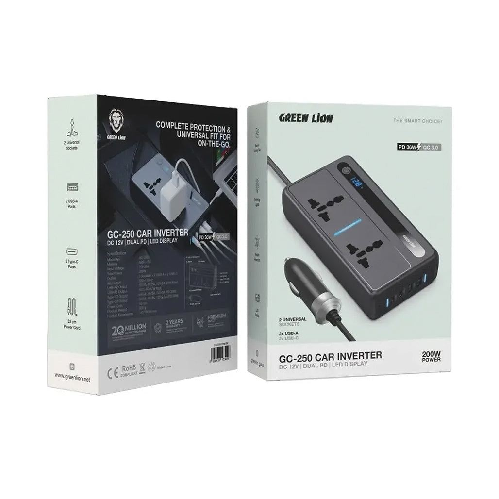 A Photo Of Green Lion GC-250 Car Inverter 200W - Black | 6-Port Power Device with Fast Charging
