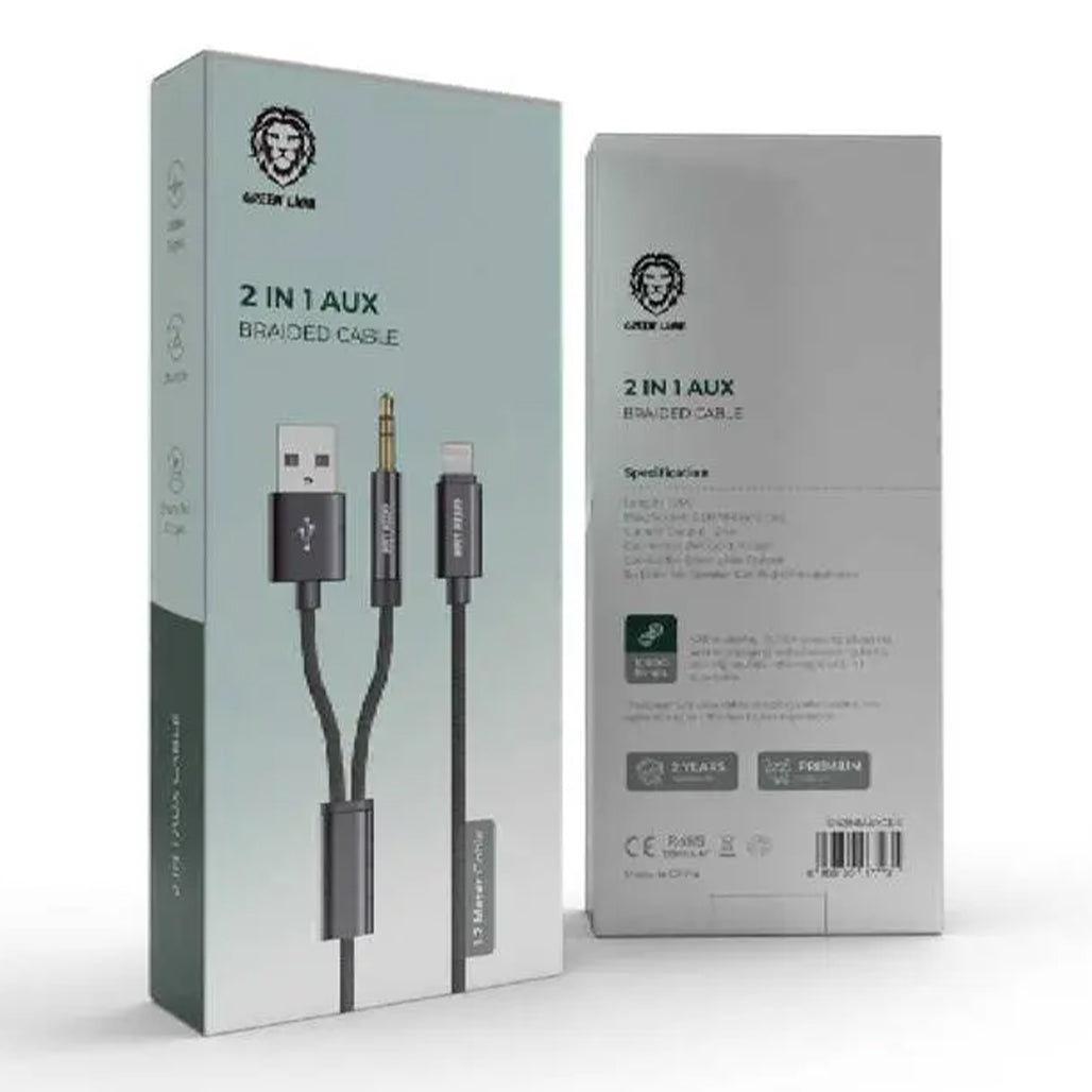 A Photo Of Green Lion 2-in-1 AUX Braided Cable (1.2m) - Durable Black Audio Connector