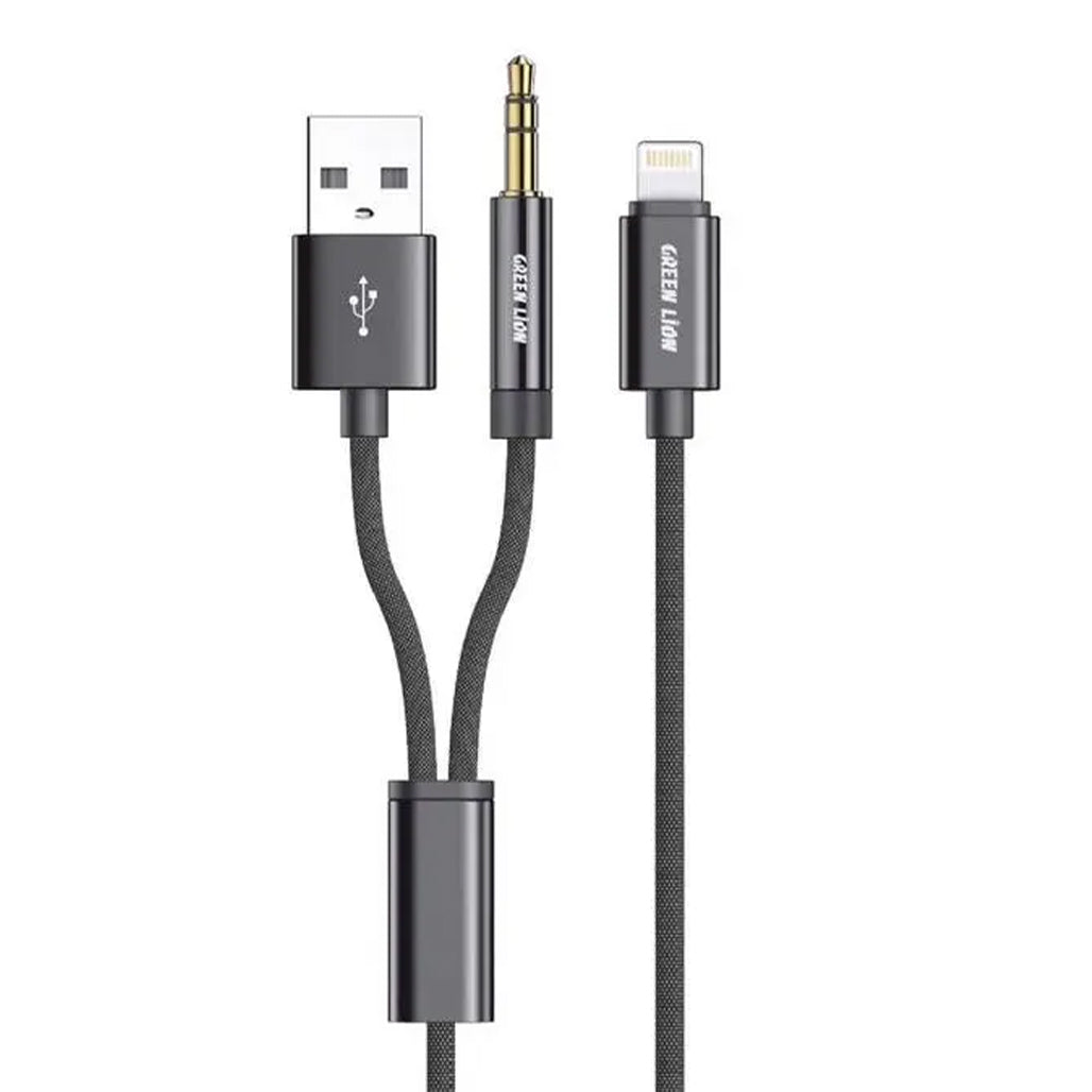 A Photo Of Green Lion 2-in-1 AUX Braided Cable (1.2m) - Durable Black Audio Connector