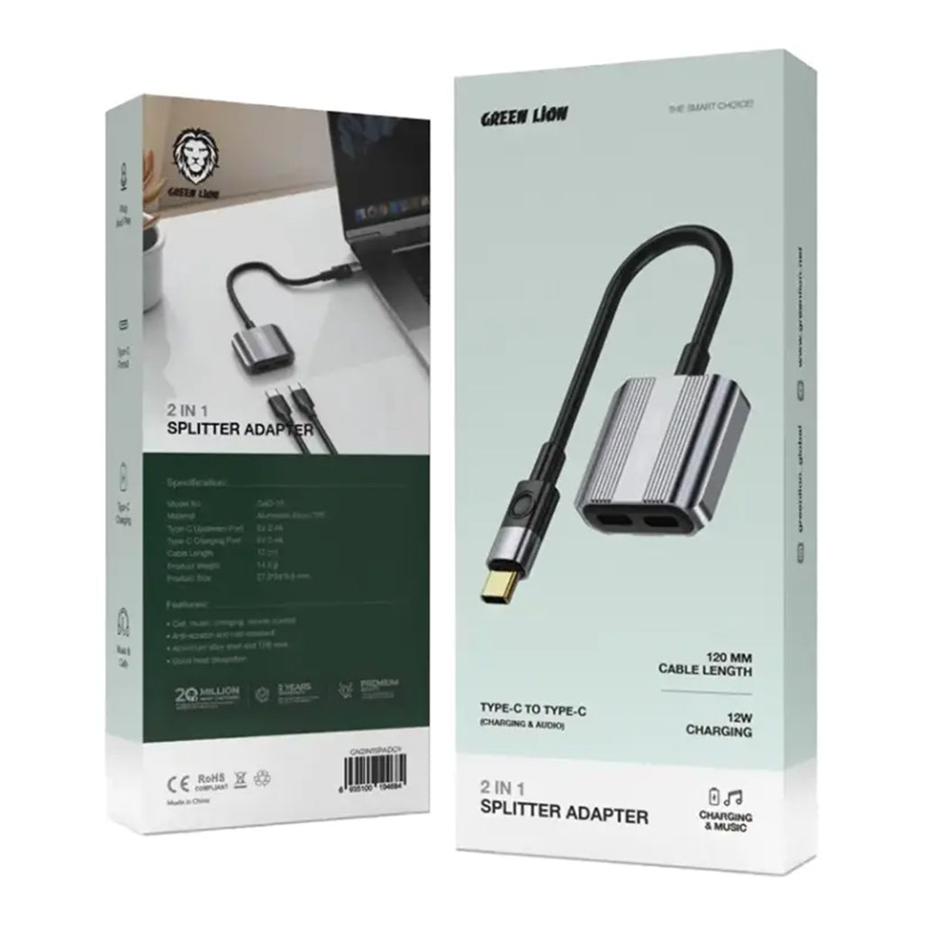 A Photo Of Green Lion 2-in-1 Type-C Splitter Adapter – Dual Type-C Ports for Charging and Audio – Gray