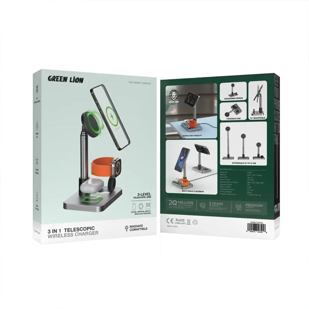 A Photo Of Green Lion 3-in-1 Telescopic Wireless Charger – Fast Charging Dock for Smartphones, Smartwatches & Earbuds – Silver