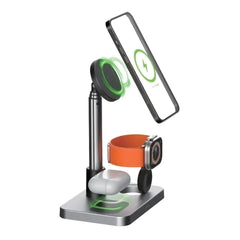 A Photo Of Green Lion 3-in-1 Telescopic Wireless Charger – Fast Charging Dock for Smartphones, Smartwatches & Earbuds – Silver