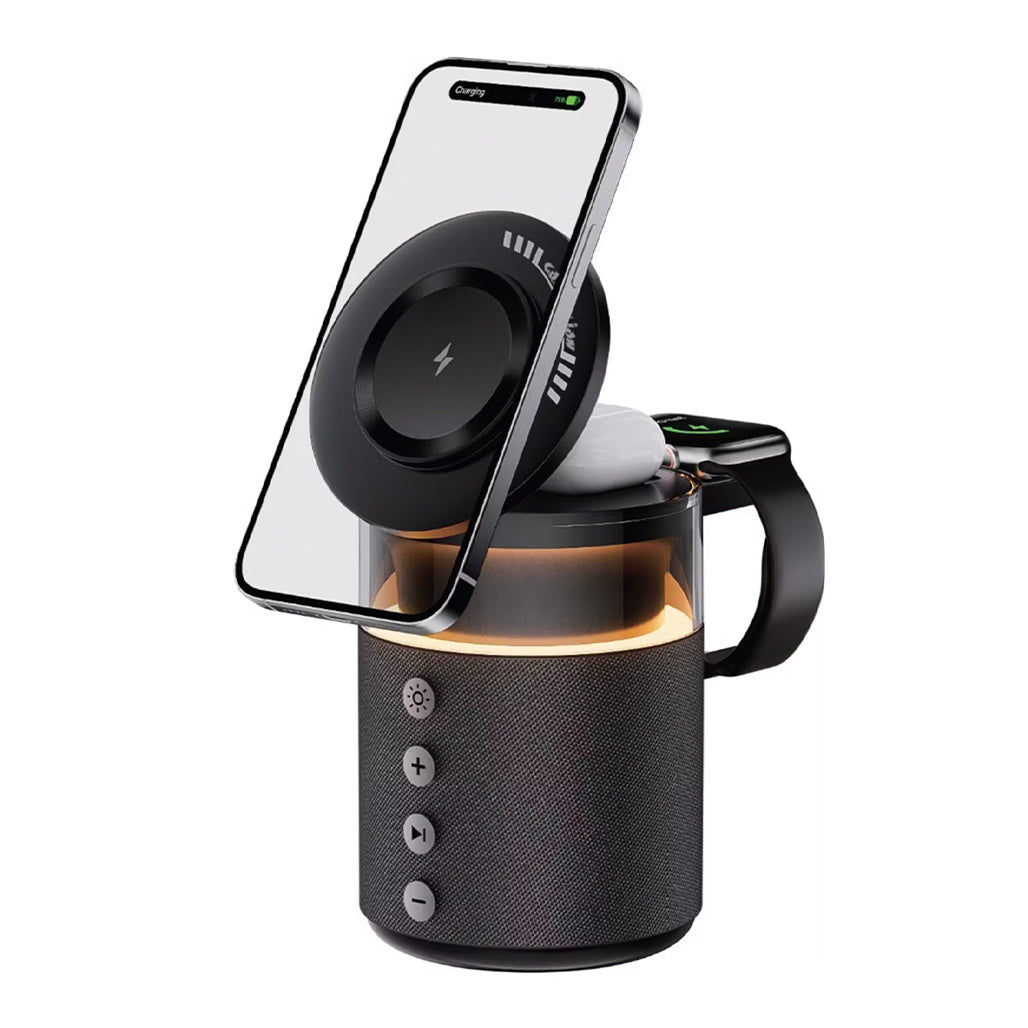 A Photo Of Green Lion 5-in-1 Wireless Charging Station with 1800mAh Battery, Bluetooth Speaker, N52 Magnets, and Fast Charging – Black