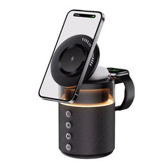 A Photo Of Green Lion 5-in-1 Wireless Charging Station with 1800mAh Battery, Bluetooth Speaker, N52 Magnets, and Fast Charging – Black