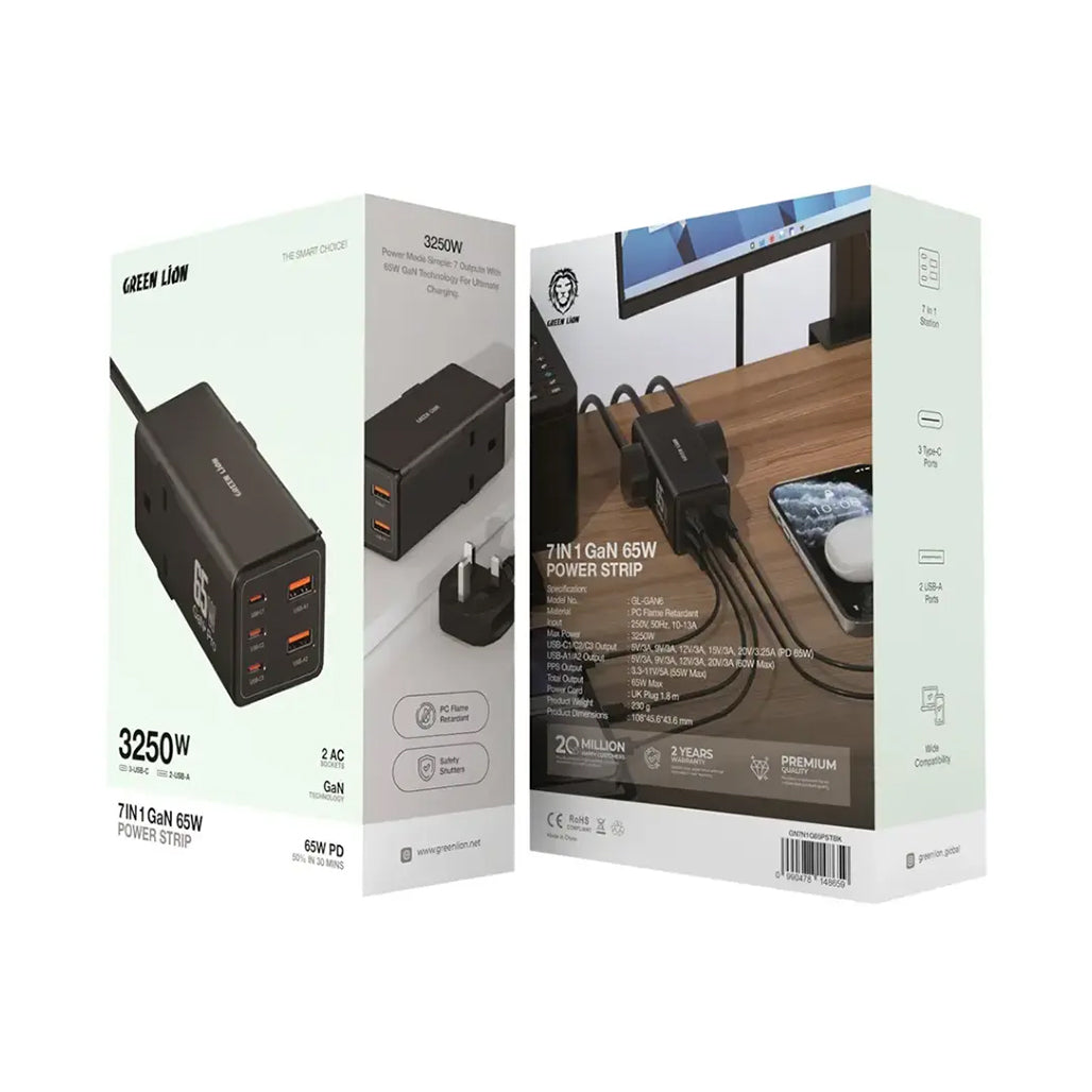 A Photo Of Green Lion 7-in-1 GaN 65W USB-C Power Strip with AC Outlets – Fast Charging Extension Hub (Black)