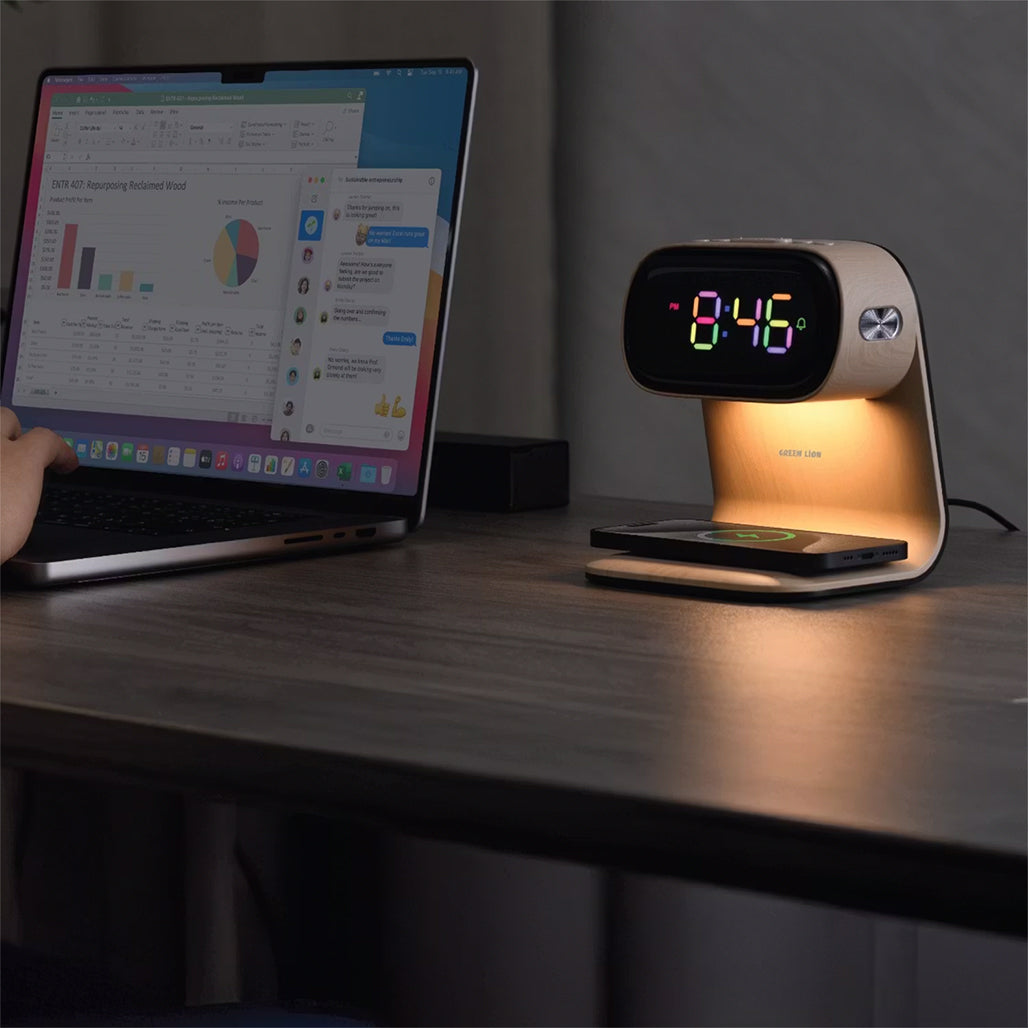 A Photo Of Green Lion Wooden Bedside Clock with 15W Fast Wireless Charging, Touch Control, Night Light & Alarm