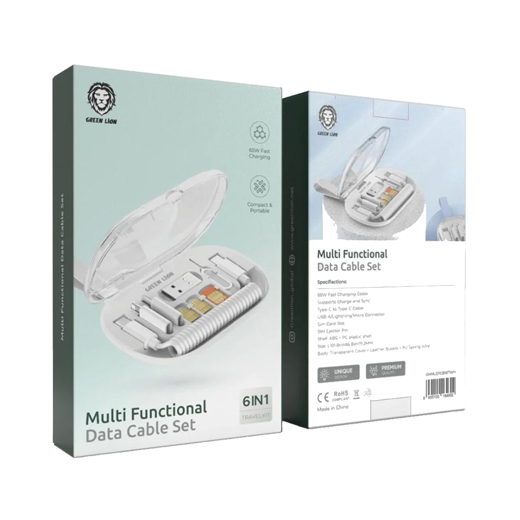 A Photo Of Green Lion Multi functional Data Cable Set - 65W Fast Charging - USB, Lightning, Micro Interfaces - Portable & Compact Design