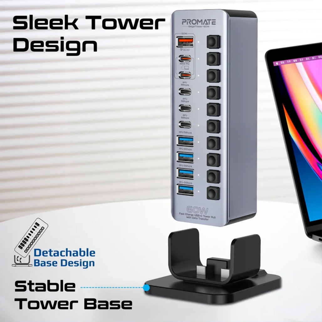 A Photo Of Promate GegaTower-60W | Fast Charging Multi-Port USB-C Hub with 5Gbps Data Transfer