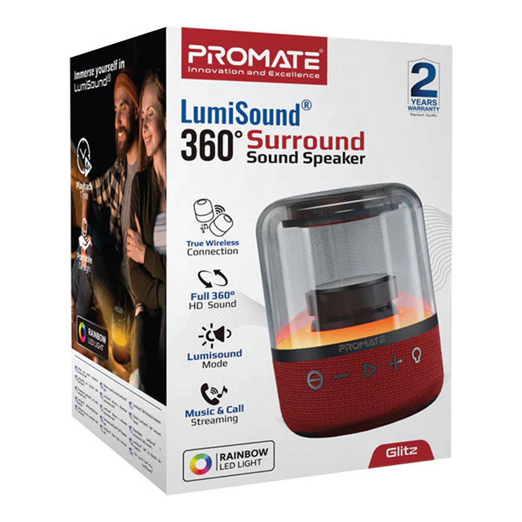 A Photo Of Promate Glitz-L HD LumiSound 360° Surround Sound Speaker - Red | Wireless Bluetooth Speaker with LED Light Show