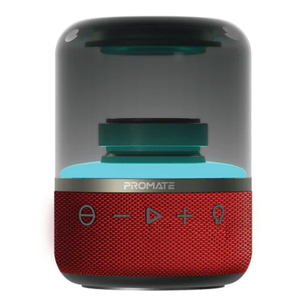 A Photo Of Promate Glitz HD LumiSound 360° Surround Sound Speaker - Red | Portable Bluetooth Speaker with Light Shows