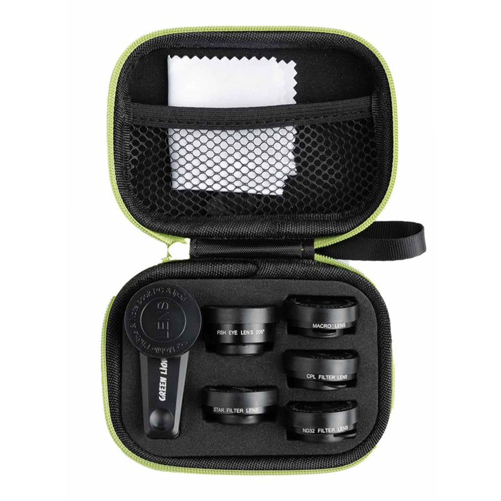 A Photo Of Green Lion 6 in 1 Professional Lens Kit, 25x Macro, 250 Degrees Fisheye - Black | GN6N1PROLKTBK