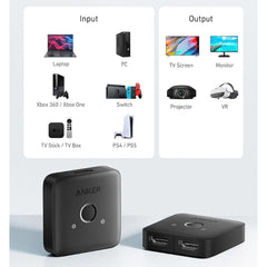 A Photo Of Anker HDMI Switch (2 In 1 Out) – 4K@60Hz HDMI Splitter, HDR, 3D, Dolby, for Laptops, PC, Xbox, PS5/PS4, and More