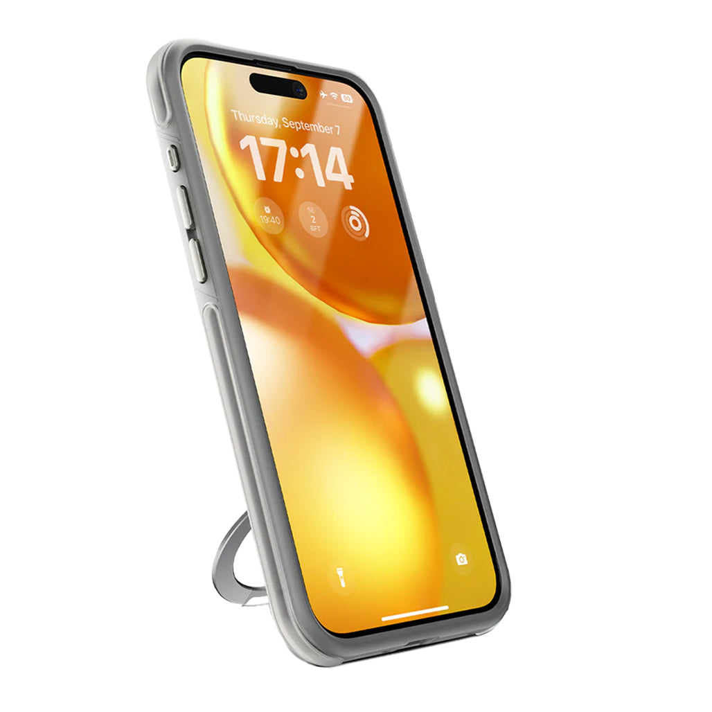 A Photo Of Torras UPRO Ostand Silver MagSafe Case for iPhone 15 Pro Max – Flexible Kickstand, Military-Grade Protection, and Seamless Wireless Charging