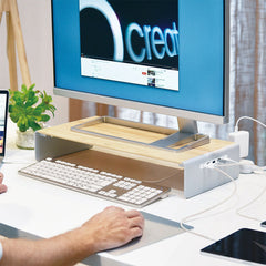 A Photo Of J5Create JCT425 Wood Monitor Stand with USB-C Docking Station – Eco-Friendly Desk Organizer with 4K HDMI and Power Delivery