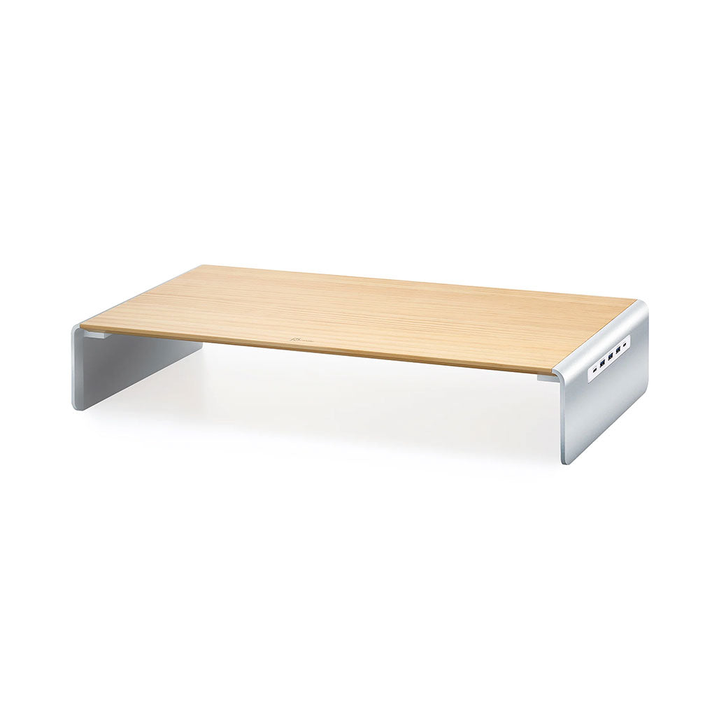 A Photo Of J5Create JCT425 Wood Monitor Stand with USB-C Docking Station – Eco-Friendly Desk Organizer with 4K HDMI and Power Delivery