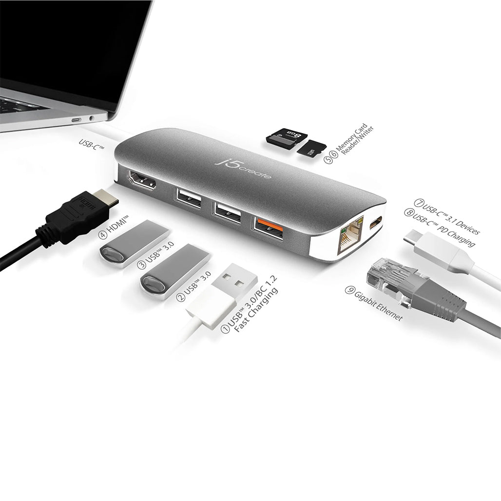 A Photo Of J5 Create USB-C Multi Adapter JCD383 - 9-in-1 Portable Hub with 4K HDMI, Power Delivery, and Gigabit Ethernet