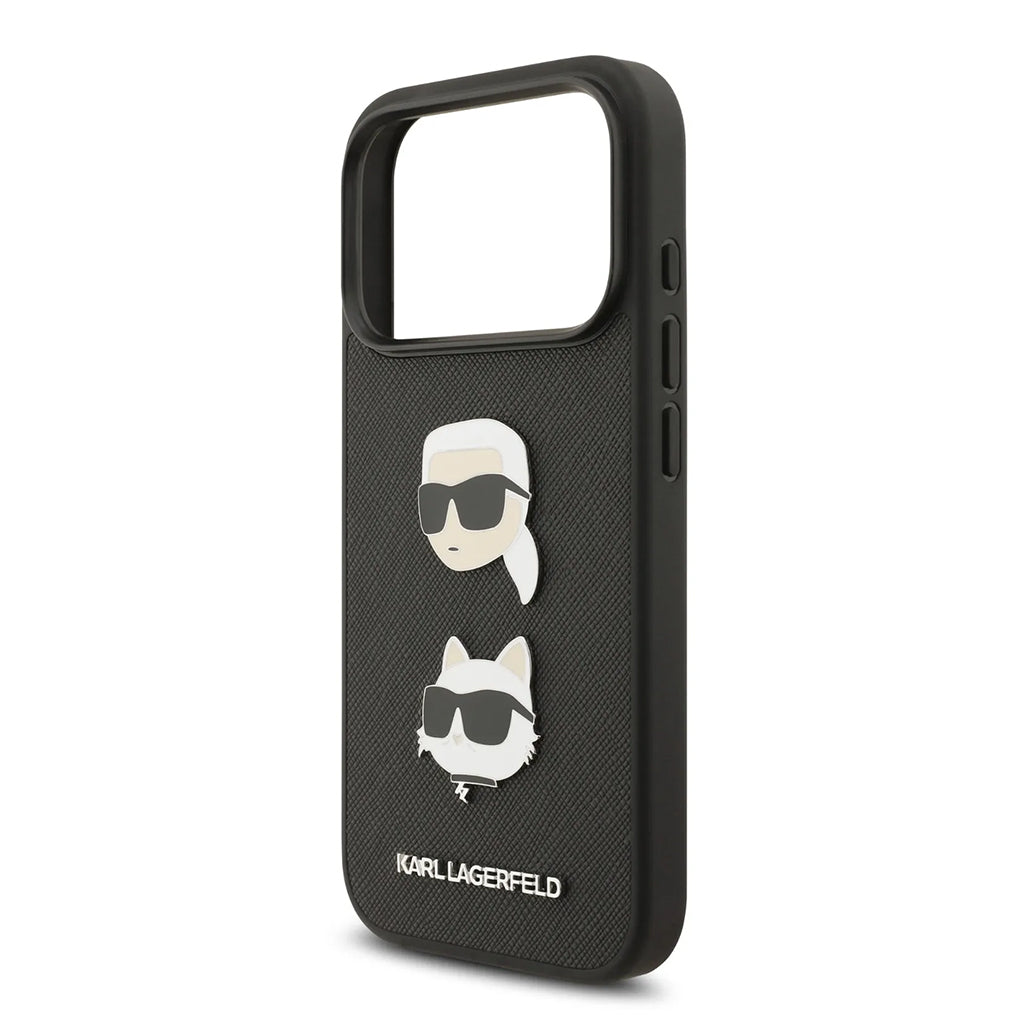 A Photo Of Karl Lagerfeld Full Wrapped Saffiano Leather Case with Karl & Choupette Head Pins for iPhone 17 Pro
