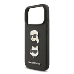A Photo Of Karl Lagerfeld Full Wrapped Saffiano Leather Case with Karl & Choupette Head Pins for iPhone 17 Pro Max