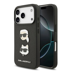 A Photo Of Karl Lagerfeld Full Wrapped Saffiano Leather Case with Karl & Choupette Head Pins for iPhone 17 Pro Max