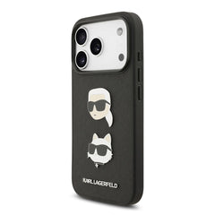 A Photo Of Karl Lagerfeld Full Wrapped Saffiano Leather Case with Karl & Choupette Head Pins for iPhone 17 Pro