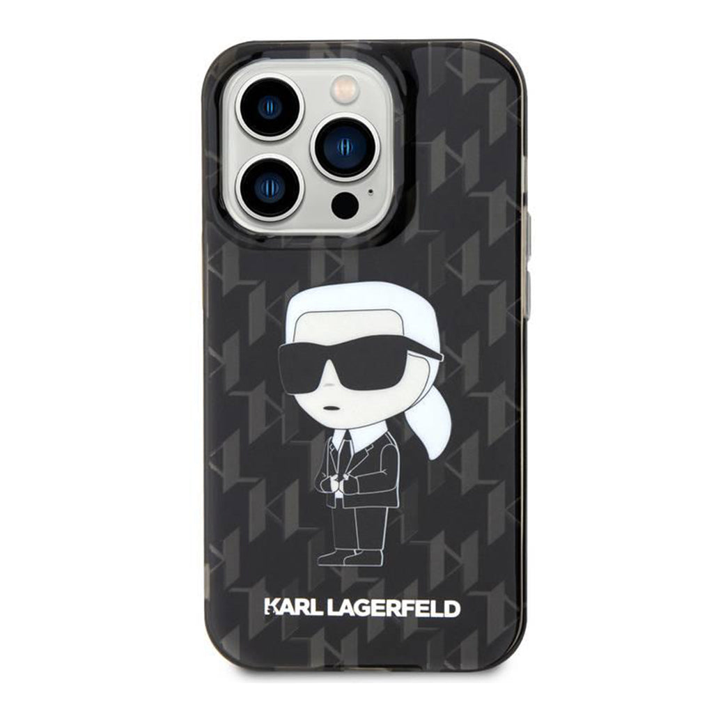 A Photo Of Karl Lagerfeld IML Black Hard Case for iPhone 16 Pro Max – Electroplated Karl Head and Monogram Design, Slim & Durable Protection