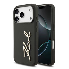 A Photo Of Karl Lagerfeld PU Leather Case with Script Logo & Metal Buttons for iPhone 17 Pro Max