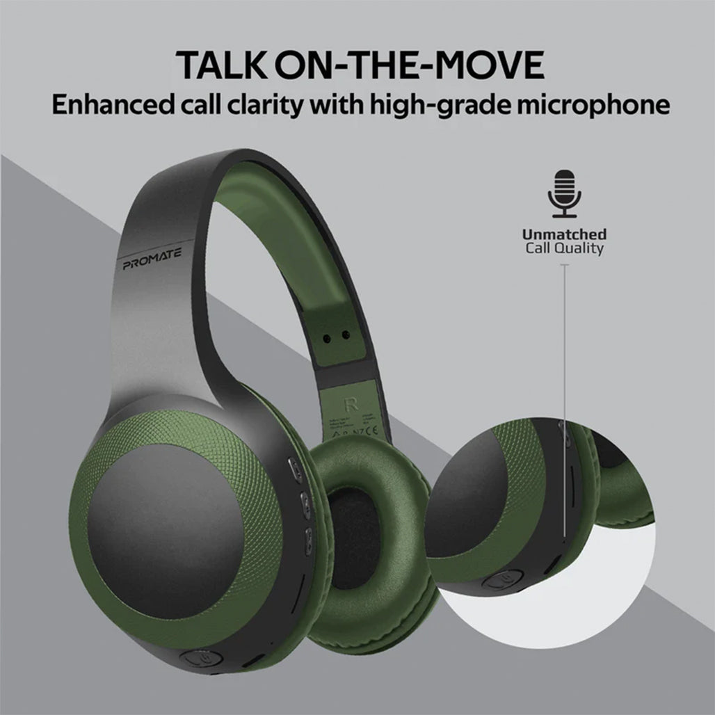 A Photo Of Promate LaBoca Deep Bass Over-Ear Wireless Headphones - Midnight Green | Bluetooth 5.0 with Superior Sound Quality and Comfort