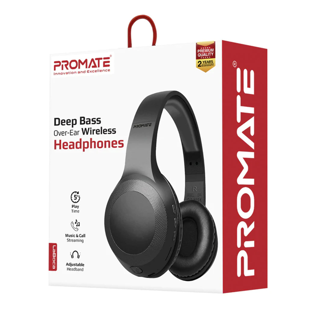 A Photo Of Promate LaBoca Deep Bass Over-Ear Wireless Headphones - Black | Bluetooth 5.0 with Superior Sound and Comfort