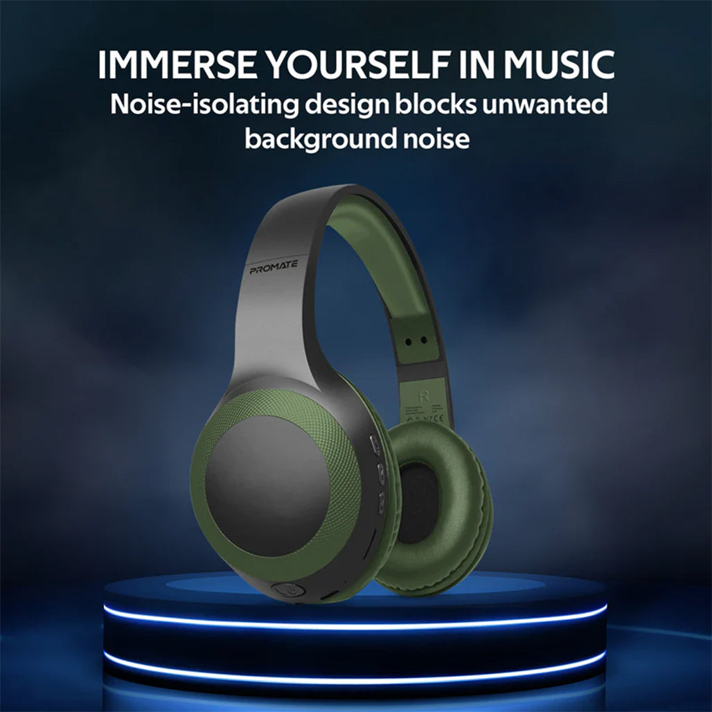A Photo Of Promate LaBoca Deep Bass Over-Ear Wireless Headphones - Midnight Green | Bluetooth 5.0 with Superior Sound Quality and Comfort