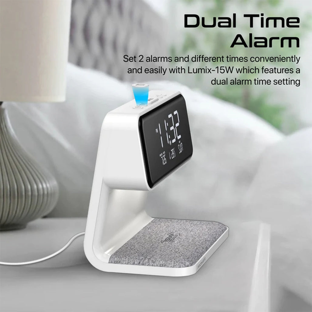 A Photo Of Promate Lumix-15W Multi-Function LED Alarm Clock with 15W Wireless Charger